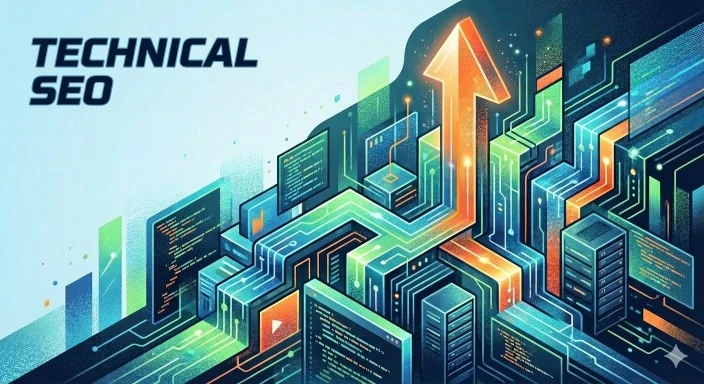 Abstract illustration with the title "Technical SEO", showing an arrow pointing up