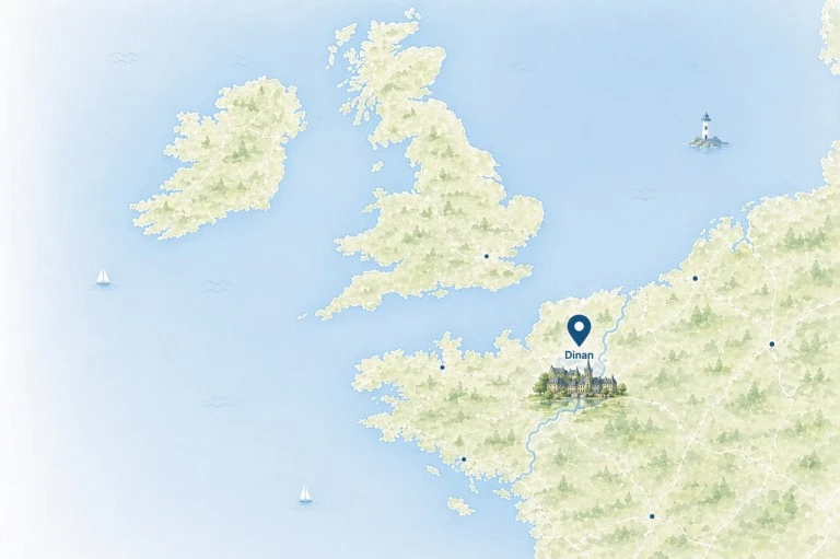 map-brittany-seo-geo Map showing the location of the town of Dinan in Brittany, France where SEO & GEO services are available remotely