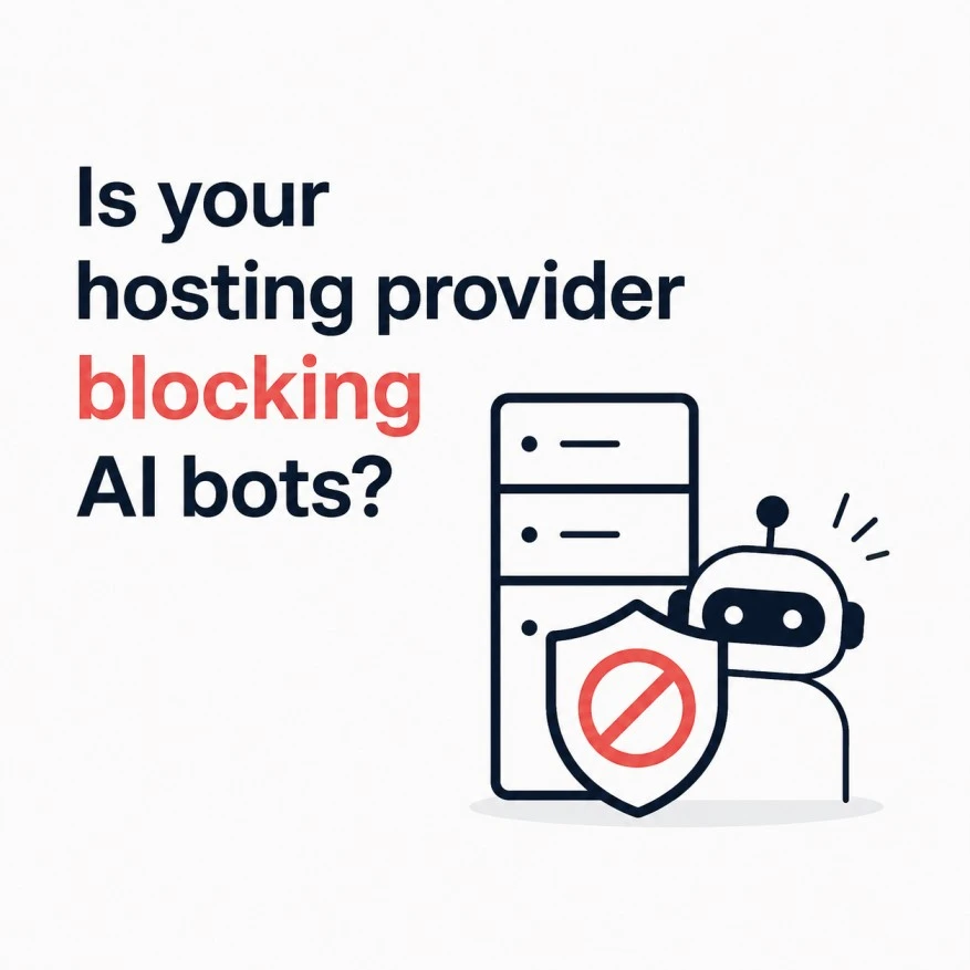 The Hosting Providers Blocking Your AI Visibility 2 Minimalist illustration of a server and a robot with the following message: is your hosting provider blocking ai bots
