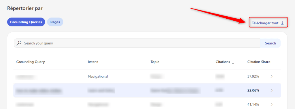 TAM AEO : Calculer ses projections à l'ère de la recherche IA 15 Une flèche pointe vers le bouton télécharger tout de la section AI performance de Bing Webmaster Tools