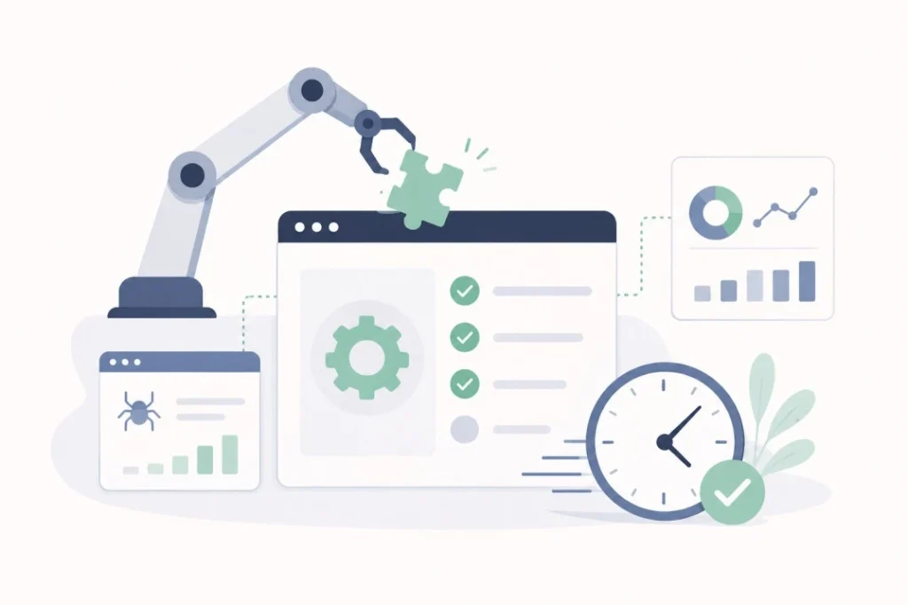 Les nouveaux moyens d'automatisation du SEO technique (pour gagner du temps) 2 Illustration minimaliste illustrant l'automatisation de tâches SEO avec des assistants IA