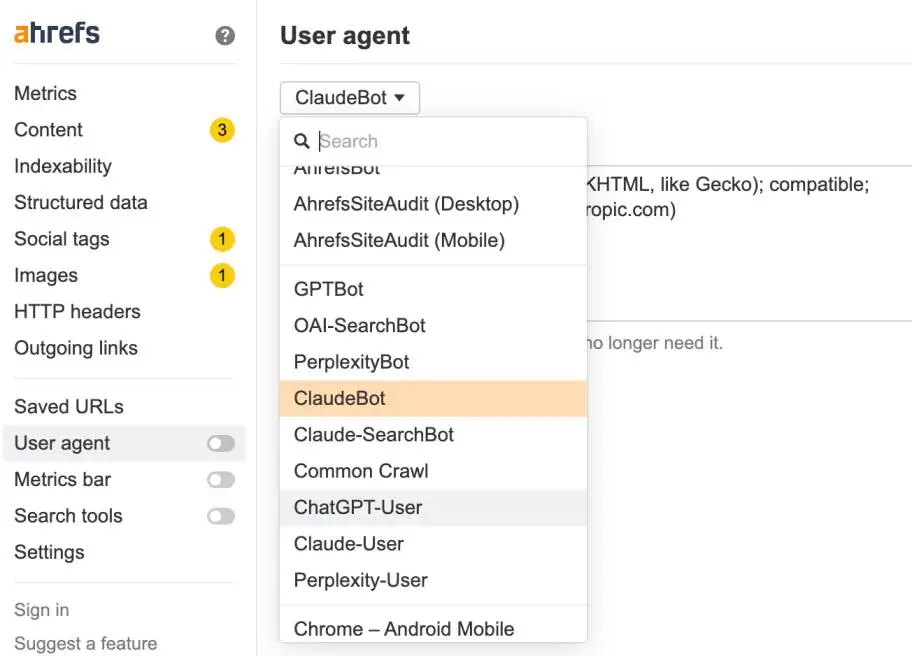 Comprendre la manière dont les assistants IA voient vos pages en quelques minutes 6 Capture d'écran de l'extension Chrome gratuite Ahrefs SEO Toolbar avec la liste des user agents IA