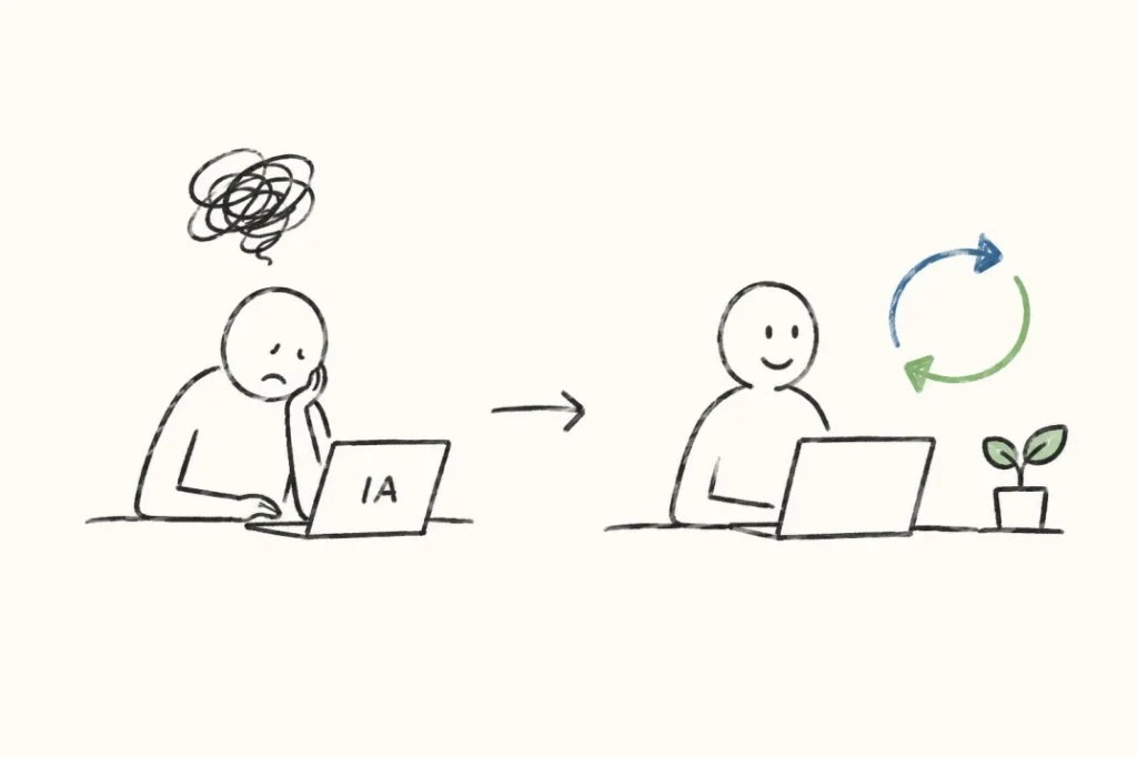 La lassitude de la recherche IA sans garantie (et le remède du « double rendement ») 2 Illustration représentant un propriétaire de site blasé par l'AEO/GEO et qui trouve une méthode pour que ça fonctionne pour lui