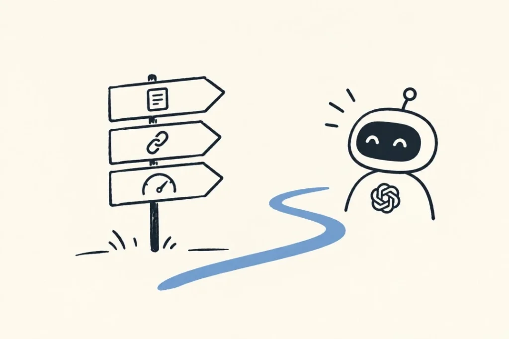 3 optimisations SEO à ne plus prioriser à cause de l'IA 2 Illustration montrant 3 optimisations SEO sur des panneaux pointant vers un robot avec le logo de ChatGPT dessus