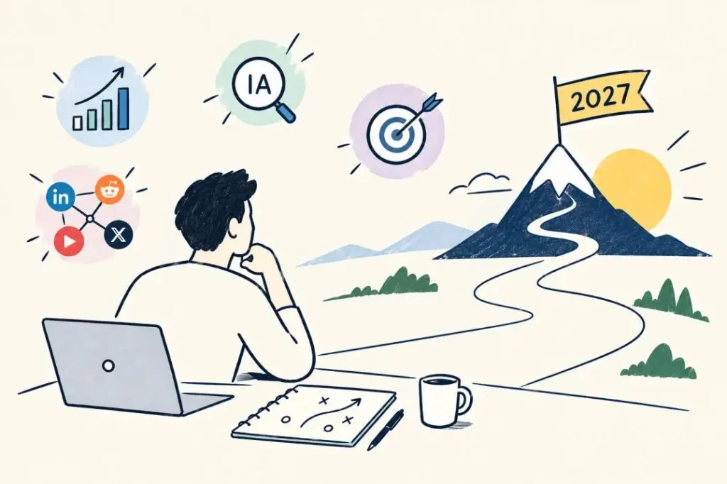 Bâtir sa stratégie SEO / AEO pour 2027 : c'est maintenant 2 Illustration d'un homme regardant une montagne avec un drapeau « 2027 » planté au sommet.